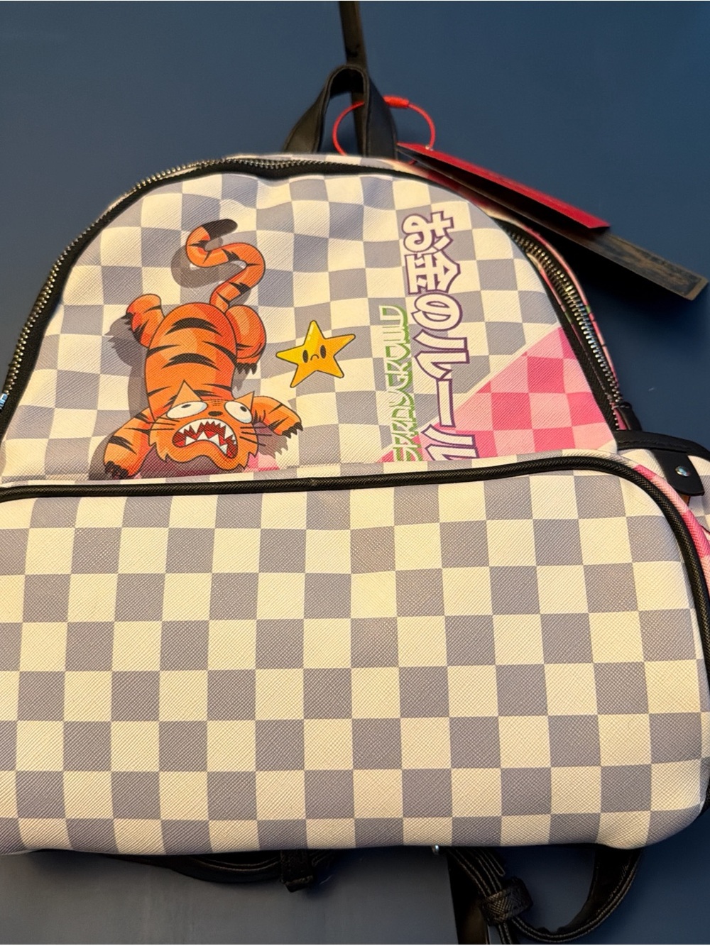 Kids Checkerboard Tiger Print Backpack - Pink & White